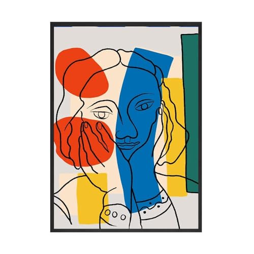 Bunte Linie Kunst Poster Drucke Mädchen mit rotem Gesicht Abstrakte Leinwand Malerei Nordic Modern Bilder Für Wohnzimmer Dekoration (Color : A, Size : 50x70cm No Frame)