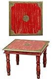 Orientalischer Couchtisch Beistelltisch Anjay 55cm Groß | Vintage kleiner Tisch aus Holz massiv mit Messing verziert für Ihre Wohnzimmer | Niedriger Marokkanischer Sofatisch Wohnzimmertisch Rot