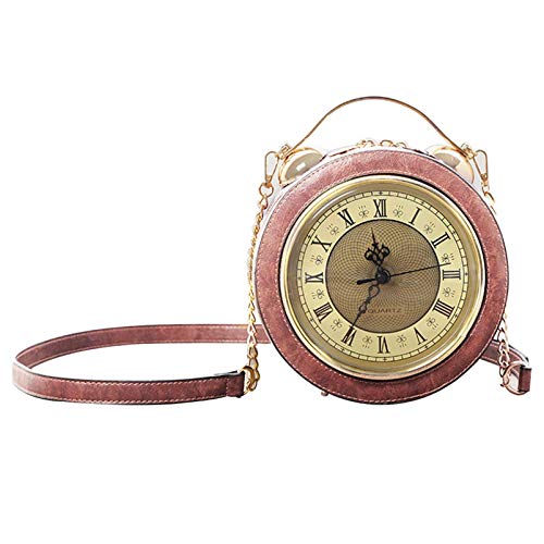 AAFLY Clock Bag Echt Arbeiten, Vintage-Umhängetasche Messenger Bag, Steampunk-Stil-Form Ledertasche Kreishandtaschen-Ketten-Schulter Weibliche Tasche (Pink)