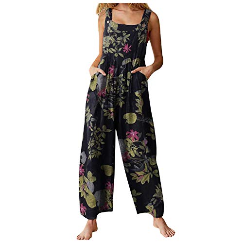 Kolylong® Jumpsuit Damen Elegant Sommer Boho Lange Overalls Vintage Patchwork Latzhose Mit Taschen Ärmellos Sexy Rückenfrei Einteiler Rompers Lässige Playsuits Loose fit Sommerhose