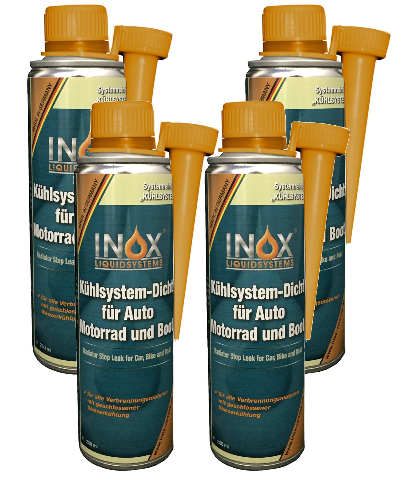 INOX® Kühlsystem Dicht Additiv Kühlsystempflege Aufbereitung, 4 x 250ml - Dichtmittel für Kühlsysteme für alle Verbrennungsmotoren mit Wasserkühlung geeignet