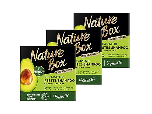 Nature Box festes Shampoo Reparatur (85 g), Reparatur-Shampoo mit Avocado-Öl repariert das Haar und schützt vor Spliss, recycelbare Verpackung, 3x 85 g