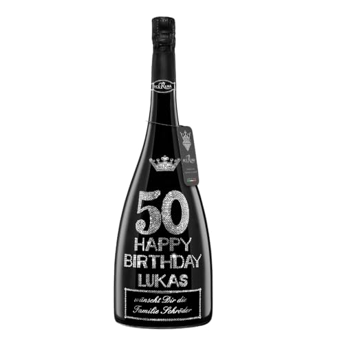 personalisierte Prosecco Flasche 3 l verziert mit Strass Steine - das perfekte Geburtstagsgeschenk Motiv: Lukas 50