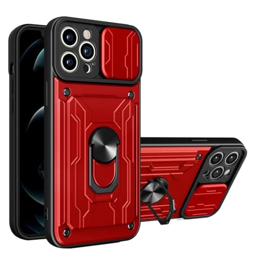 CIBOS Für iPhone 14 Pro Max Slide Card Slot Armor Case für 13 12 11 Pro XR X XS Max Push Window Magnetringabdeckung, rot, für iPhone 11 Promax