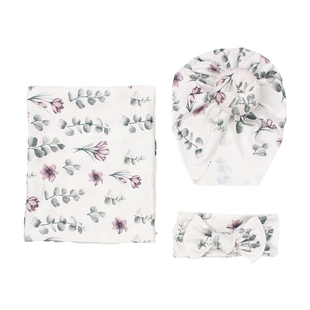 3 stücke Neugeborenen Baby Floral Print Swaddle Wrap Verknotet Hut Bowknot Stirnband Set Infant Empfang Decke Geschenke