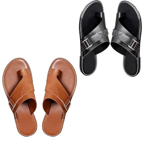 VERBANA Lightweight Orthopedic Sandals Made of Premium Leather, Dressy Sandals with Open Toe Ring Loop Strap Slip on Slide (2-Black+Brown,41)