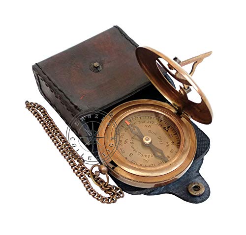 Hanzla Collection Sonnenuhr-Kompass aus antikem Messing mit Ledergehäuse und Kette – Push-Open-Kompass – Steampunk-Zubehör – schönes handgefertigtes Geschenk – Sonnenuhr (7,6 cm Sonnenuhr)