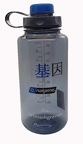 Nalgene Flasche 'Everyday Weithals' - 1 L mit 'capCAP'-Deckel (Grau Chinese, mit Namensgravur, Deckel blau)