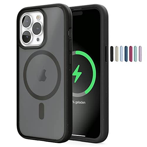 Woodcessories - Magnetische Handyhülle transparent kompatibel mit iPhone 14 Pro Max Hülle durchsichtig mit Magnet, matt schwarz, Nachhaltig aus Pflanzen inkl. Bunte Wechselknöpfe