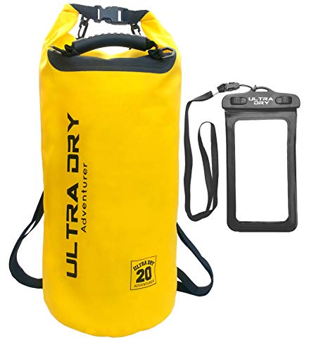 Premium Wasserdichte Tasche, Sack mit Handy-Trockentasche und langem, verstellbarem Schultergurt, ideal für Kajakfahren/ Bootfahren/ Kanufahren / Angeln / Rafting / Schwimmen / Camping (Gelb, 20 Liter)