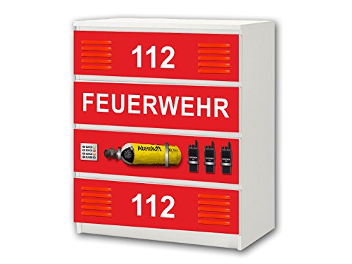 STIKKIPIX Feuerwehr Möbelsticker/Aufkleber - M4K20 - passend für die Kommode mit 4 Fächern/Schubladen MALM von IKEA - Bestehend aus 4 passgenauen Kinderzimmer Möbelfolien (Möbel Nicht inklusive)