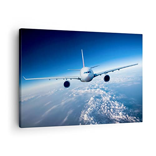 Bild auf Leinwand - Leinwandbild - Flugzeug himmel wolken flug - 70x50cm - Wand Bild - Wanddeko - Leinwanddruck - Bilder - Kunstdruck - Wanddekoration - Leinwand bilder - Wandkunst - AA70x50-2723