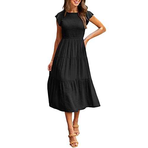 DYXIA Damen Flutter Kurzarm gesmoktes Midikleid Sommer lässig abgestuftes Kleid in A-Linie (Color : Schwarz, Größe : M)