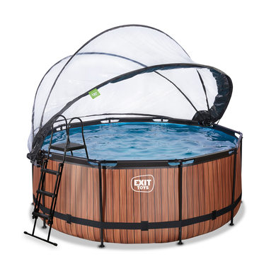 Frame Pool ø360x122cm (12v Sandfilter) – Holz optik + Sonnendach braun
