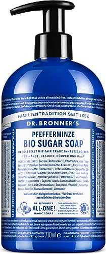 Dr. Bronner's Bio Suger Soap | Pfefferminze | Für Hände, Gesicht, Körper und Haar | Peppermint | Mit Shikakai-Pulver und Bio-Rohrzucker | 710 ml