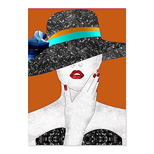 Mode Frauen mit Hut Gemälde Moderne Orange Wandkunst Poster Leinwand Bilder Drucke für Wohnzimmer Dekoration 50x70cm Rahmenlos