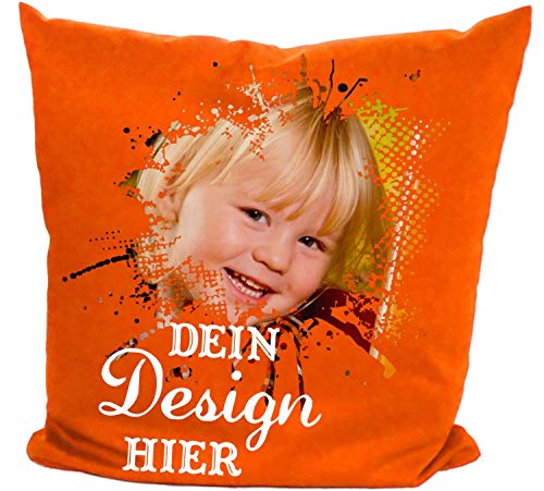 DRUCKREICH Kissen selbst gestalten, Fotokissen mit Wunschtext, Logo, Motiv, Foto, personalisiert (Orange, Mit Füllung)
