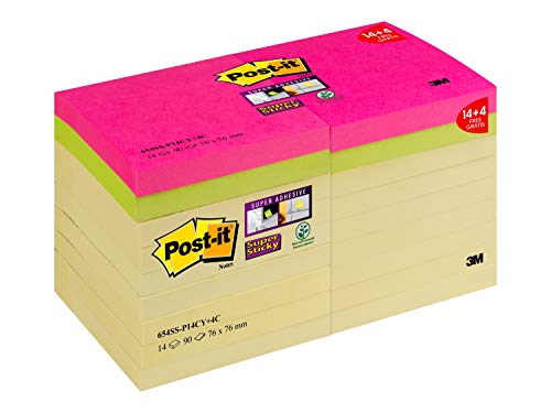 Post-it Super Sticky Notes Promotion 654SS-P14CY+4C – Selbstklebende Haftnotizzettel in 76 x 76 mm – 18 Notizblöcke quadratisch à 90 Blatt in Gelb