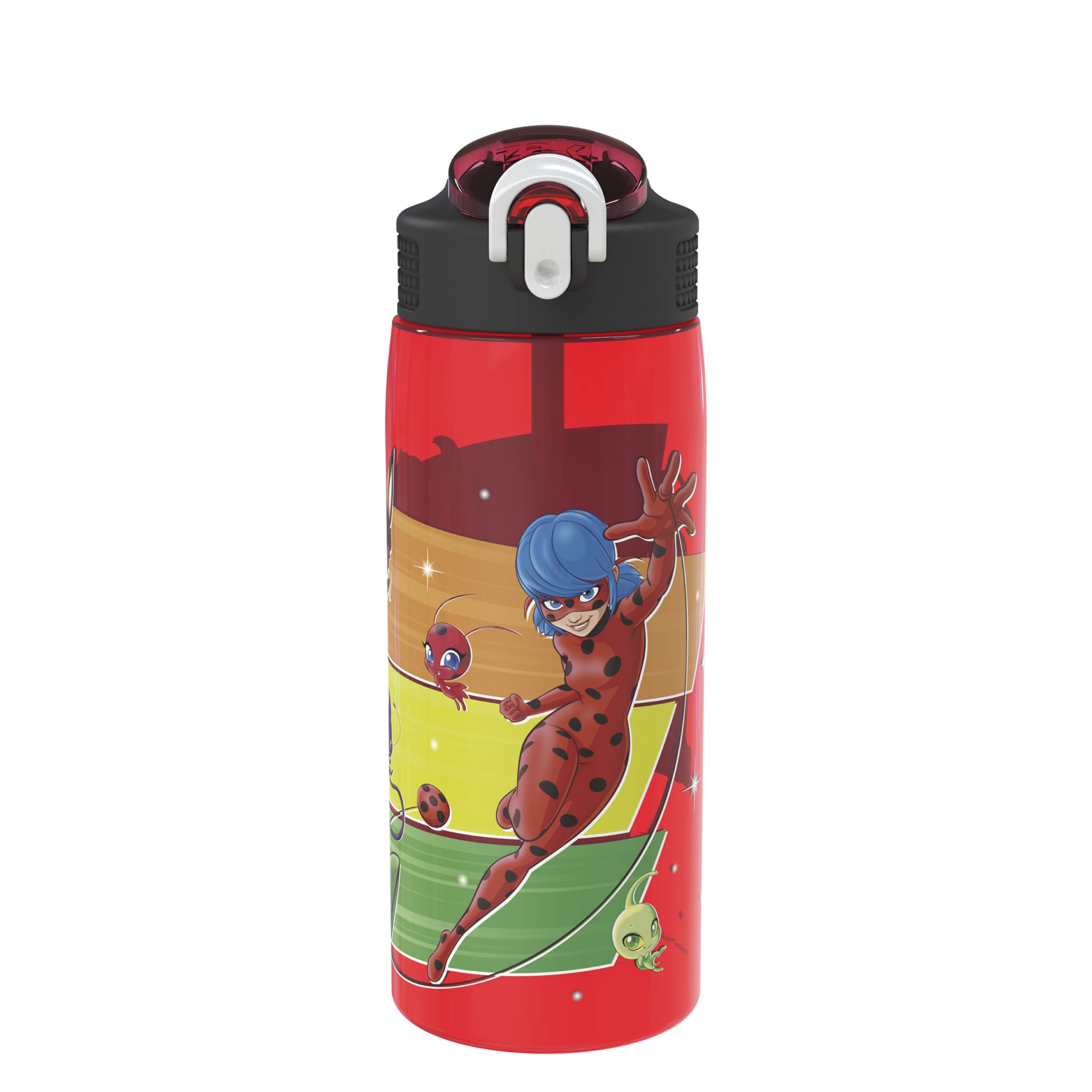 Zak Designs Miraculous Ladybug Wasserflasche für Schule oder Reisen, 758 ml, langlebige Kunststoff-Wasserflasche mit Strohhalm, Griff und auslaufsicher, aufklappbarer Auslaufbezug