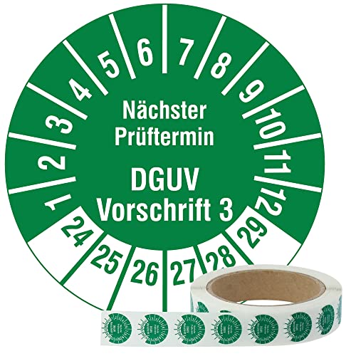 Labelident Mehrjahresprüfplaketten 2024-2029 - Nächster Prüftermin DGUV Vorschrift 3 - Ø 20 mm, 1000 widerstandsfähige Prüfplaketten auf Rolle, Polyethylen, grün, selbstklebend
