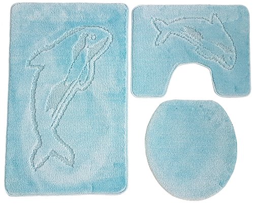 Ilkadim Delphin Badgarnitur 3 TLG. Set 55x85 cm einfarbig, WC Vorleger mit Ausschnitt für Stand-WC (eisblau)