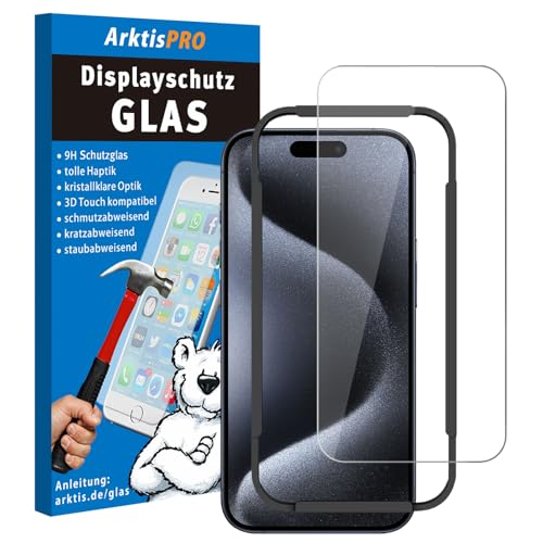 Arktis Displayschutzglas kompatibel mit iPhone 15 Pro, Schutzglas Vorderseitenschutz, super schmal, extrem kratzfest (3)