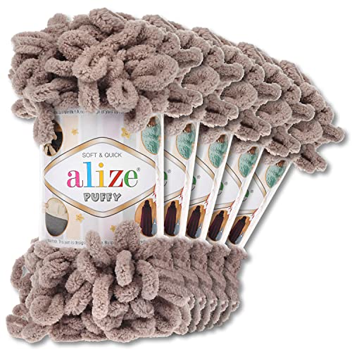 Alize 5 x 100 g Puffy Wolle Chenille Schlaufenwolle Häkeln und Stricken ohne Hilfsmittel Kleidung Accesoire Decken Teppiche (268 | Stein)