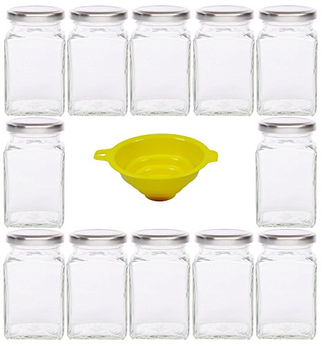 Viva Haushaltswaren - 12 x eckiges Marmeladenglas / Gewürzglas 260 ml mit silberfarbenem Schraubverschluss, Gläser Set mit Deckel als Einmachgläser, Vorratsdose etc. verwendbar (inkl. Trichter)