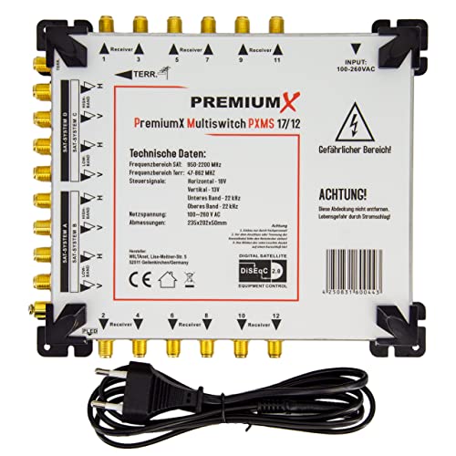 PremiumX PXMS 17/12 Multischalter mit Netzteil Multiswitch 4 SAT für 12 Teilnehmer Satverteiler Digital HDTV FullHD 4K UHD 8K