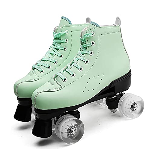 Retro Roller Skates, Rollschuhe Bis 150 Kg, Damen Roller Skates Double Row, Erwachsene PU Leder Quad Skates Rollschuhschuhe, für Kinder, Jugendliche und Erwachsene,Green transparent Wheel,44