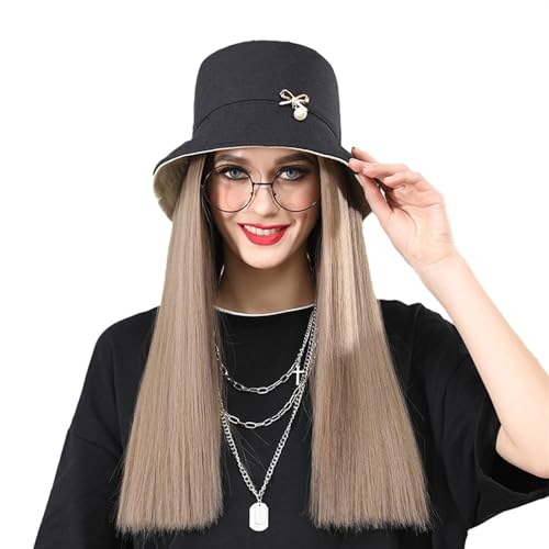 Hutperücke for Damen schön lang gewellt lockig synthetische Perücke for den täglichen Gebrauch (schwarz) (Color : Brown, Size : Black hat)
