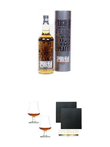 Ardbeg Extra Rare (Ohne Ardbeg auf Label) Smokehead + Stölzle Nosingglas für Whisky 2 Gläser - 1610031 + Schiefer Glasuntersetzer eckig ca. 9,5 cm Ø 2 Stück