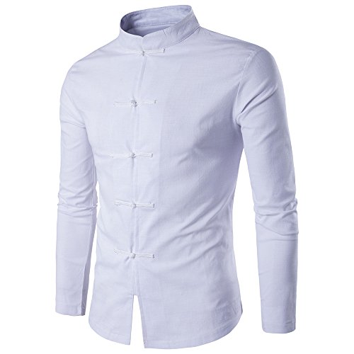 BaronHong Männer Chinesisch Tang Anzug Leinen Langarm Button Casual Shirt (weiß, M)
