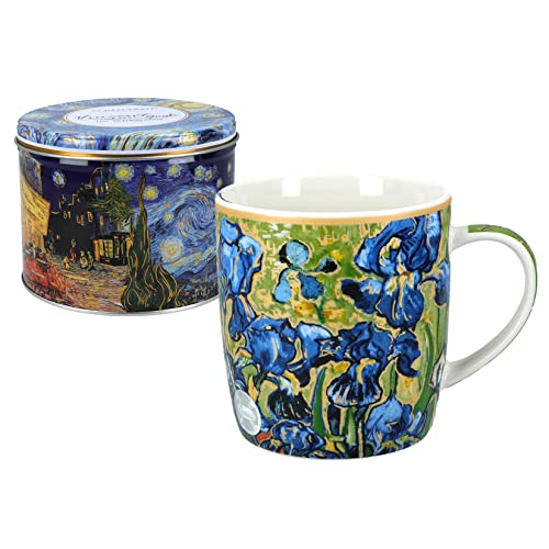Carmani - Porzellan-Tasse für Tee oder Kaffee in einer Metalldose, für Tee, Kaffee, Zucker, Aufbewahrungsbox mit Deckel, bedruckt mit Vincent van Gogh, Irises