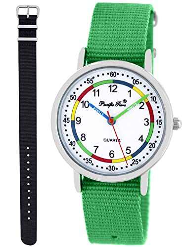 Pacific Time Lernuhr Mädchen Jungen Kinder Armbanduhr 2 Armband grün + schwarz analog Quarz 11069