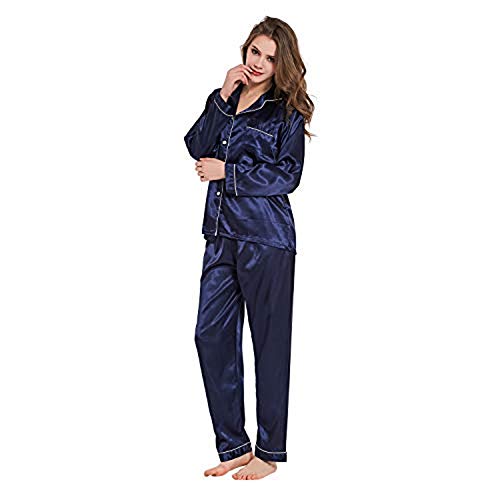 Damen Pyjama Set, Nachtw?sche Schlafanzug Satin Seide Langen ?rmeln Einfarbig Ganze Jahr ¨¹ber (Navy blau, M)