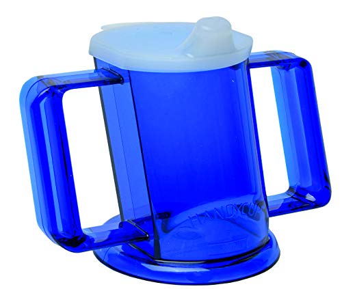 Pflegehome24® Trinkbecher HANDYCUP, Blau-transparent Trinklernbecher Schnabeltasse mit Deckel für Tee spülmaschinenfest
