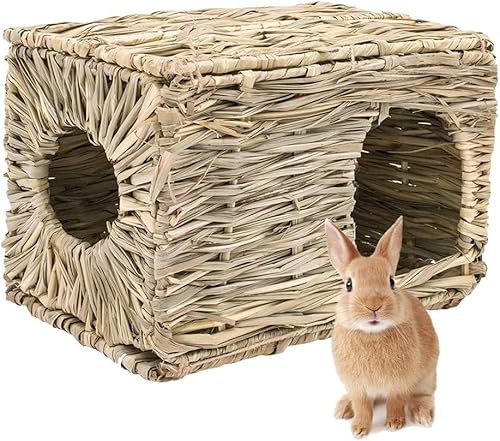 LWINGFLYER 2 x Kaninchengras-Haus, gewebt, faltbar, Schlaf-Kauspielzeug für kleine Tiere, Hasen, Hamster, Chinchillas, Meerschweinchen, Heubett