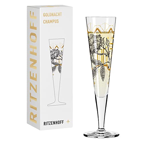 Ritzenhoff 1071029 Champagnerglas 200 ml – Serie Goldnacht Nr. 29 – Rosen-Garten-Motiv mit Echt-Gold – Made in Germany