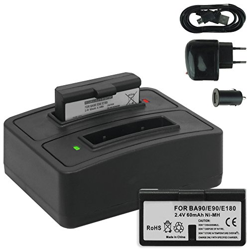2X Akku + Dual-Ladegerät (Netz+Kfz+USB) BA-90 für Sennheiser Audioport A1, E90, E180 (Set 180), HDE 1030 / HDI 91, 92. / RI 200, RI 300. - s. Liste