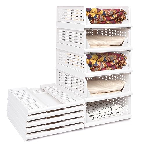 OSTWOLKE Kleiderschrank Organizer Stapelbare 5er Set Regal Aufbewahrungsbox Stapelbare Lagerkästen für Kleidung Schlafzimmer Weiß (je 43 x 33 x 56cm)
