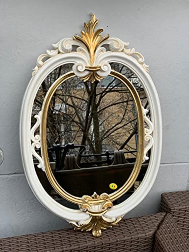 Wandspiegel Oval Weiß Gold Elfenbein Gold Barock Badspiegel Antik Ovaler Spiegel 60X39 Mirror Shabby