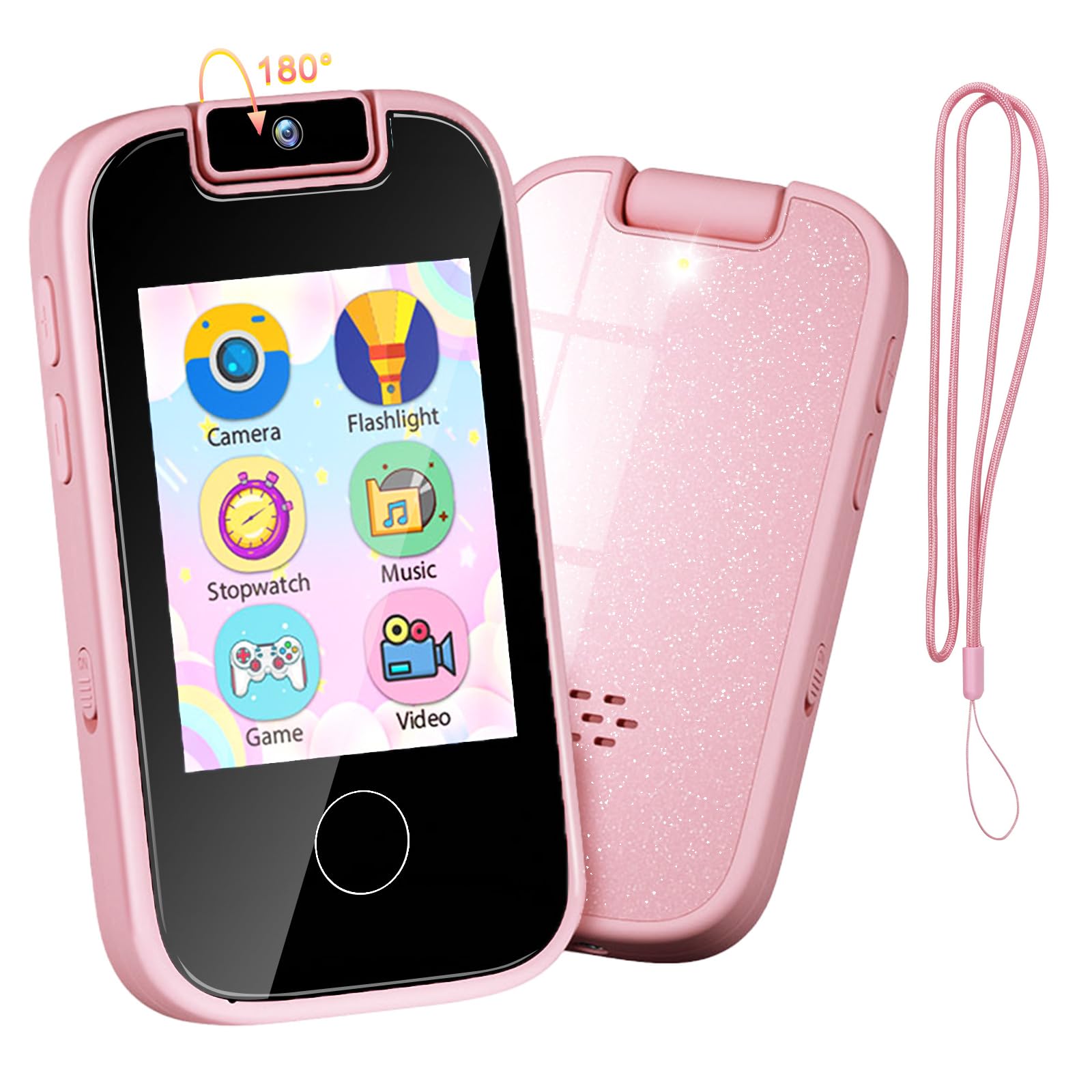 PTHTECHUS Kinderkamera Spielzeug Handy für Mädchen Jungen - Touchscreen MP3-Player mit Flip Kamera, Habit Tracker, Spiele, Alphabet, pädagogische Lernen Geburtstagsgeschenke für 3-12 (Rosa)