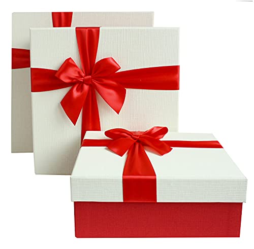 Emartbuy Set mit 3 stabilen Geschenkboxen, strukturierte rote Box mit weißem Deckel, braune Innenseite und rotes Satinband