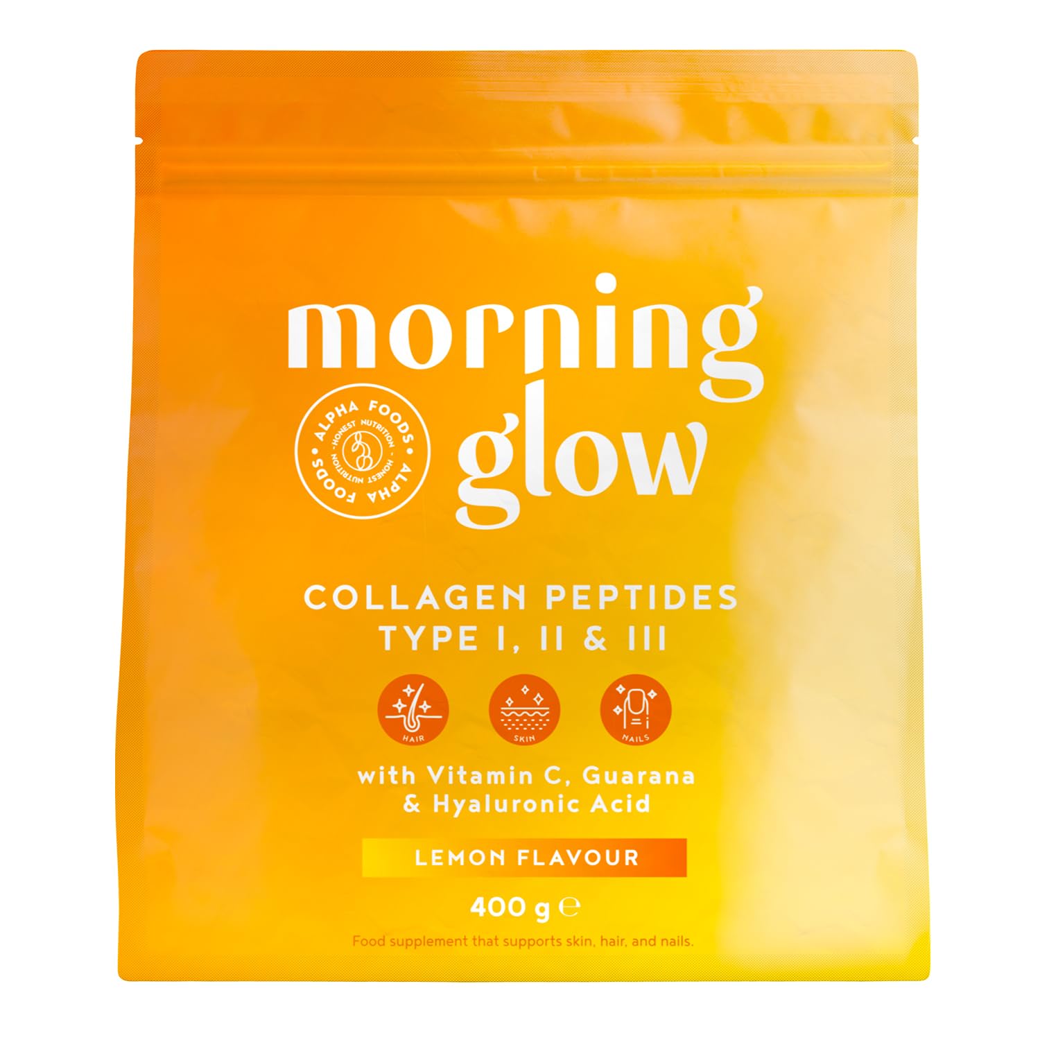Morning Glow Collagen Pulver - Premium Kollagen mit Vitamin C/E, Hyaluron und Koffein - Peptide mit Hyaluronsäure - 400g - Zitrusgeschmack