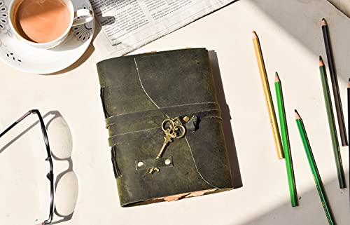 OVERDOSE Vintage Leder-Tagebuch mit gebranntem Büttenrand, Papier, handgemachtes Tagebuch, Buch der Schatten, Skizzenbuch, grün, Größe 12,7 x 17,8 cm