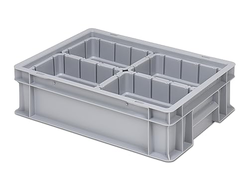 Einsatzkasten Einteilungs-Set für Eurobehälter, Schubladen mit Innenmaß 362x262 mm (LxB), 102 mm hoch, verschiedene Größen/Farben (4er Set inkl. Box, grau)
