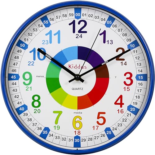 Kiddus Wanduhr für Kinder. Analoger Zeitlehrer mit Zeitlernübungen. Stilles Uhr. Viele Sprachen. Español XL Azul