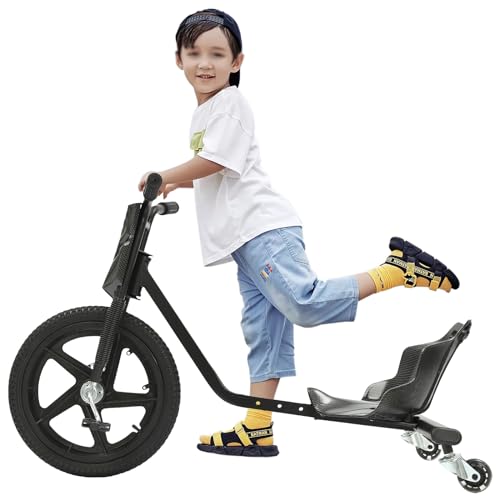 16Zoll Drift Scooter Drift Trike 360 Grad Mit rutschfestem Gummigriff und rutschfestem, gemustertem Pedal LED-Hinterradbeleuchtung für Kinder,Jungen, Mädchen Schwarz