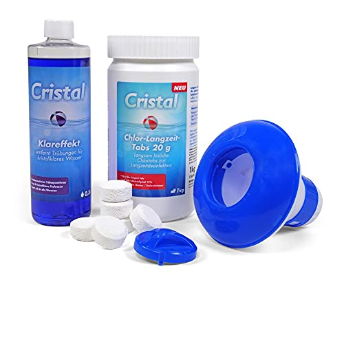 Cristal Set: 1 kg Chlortabletten 20 g langsam löslich inkl. Dosierschwimmer und Klareffekt - Mini Chlortabs mit hohem Aktivchlorgehalt, Langzeittabletten